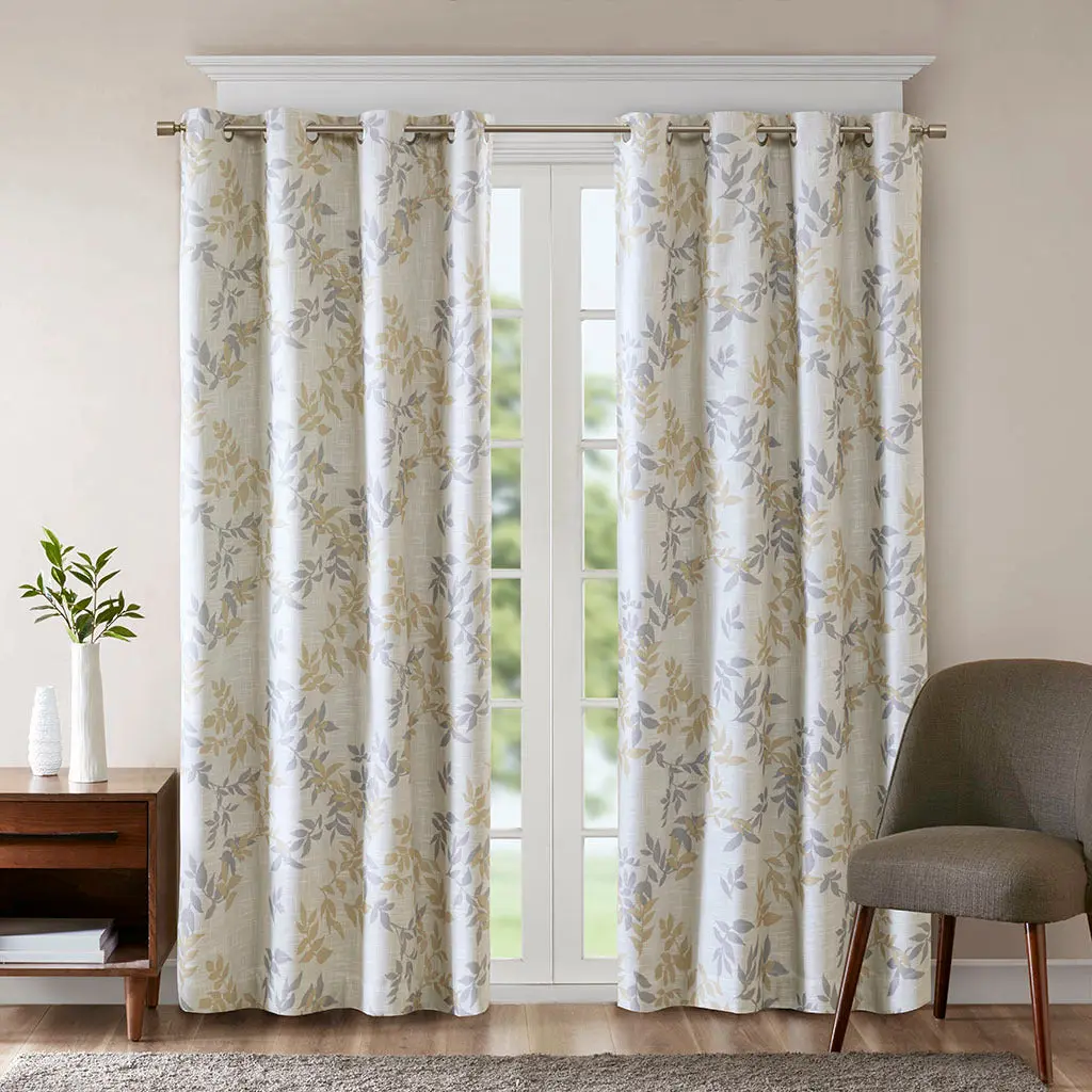 Printed Botanical Blackout Drape Panel Yellow Polyester Curtain jla