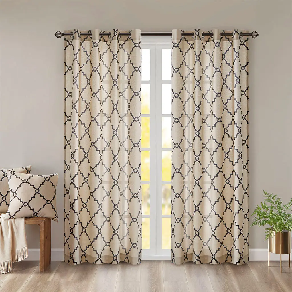 Fretwork Print Grommet Top Window Curtain Panel Only 1 Pc Panel Khaki jla