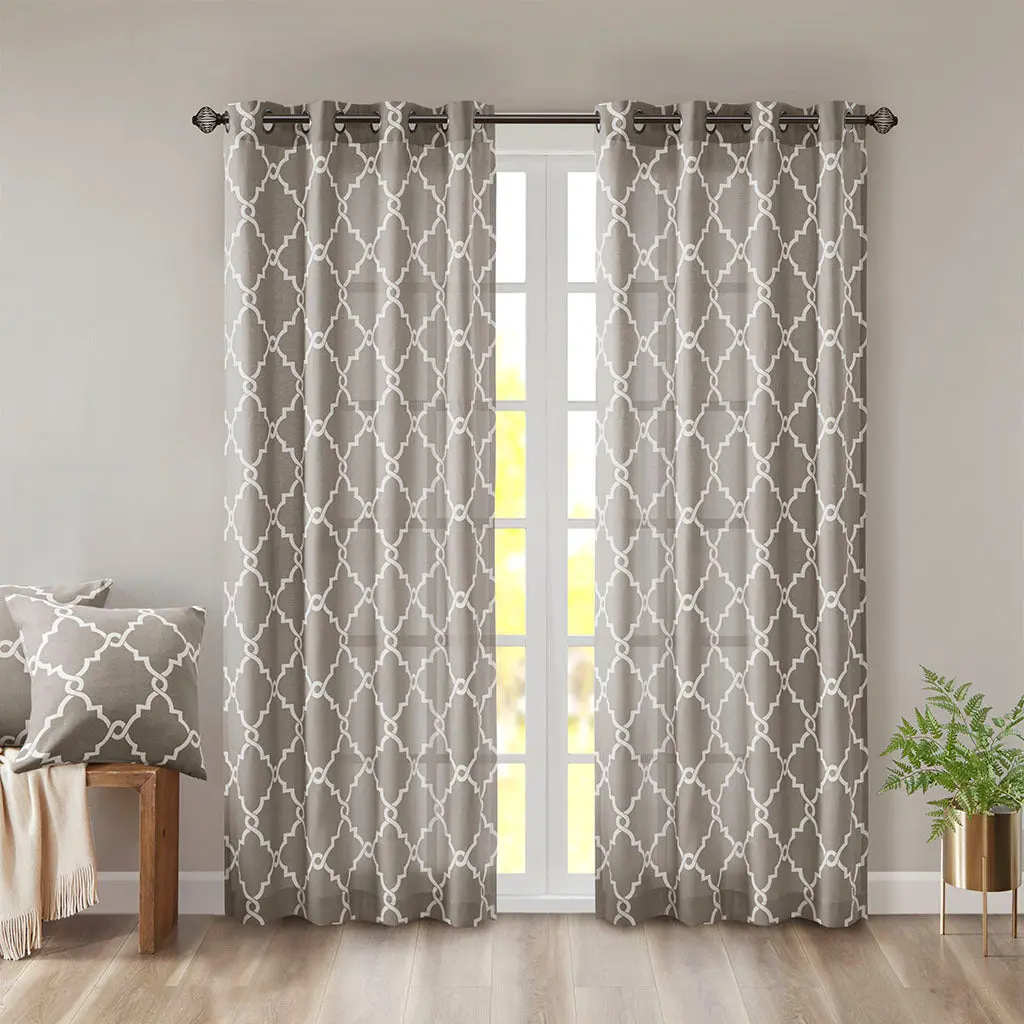 Fretwork Print Grommet Top Window Drape Panel Grey 1 Piece Curtain Panel jla