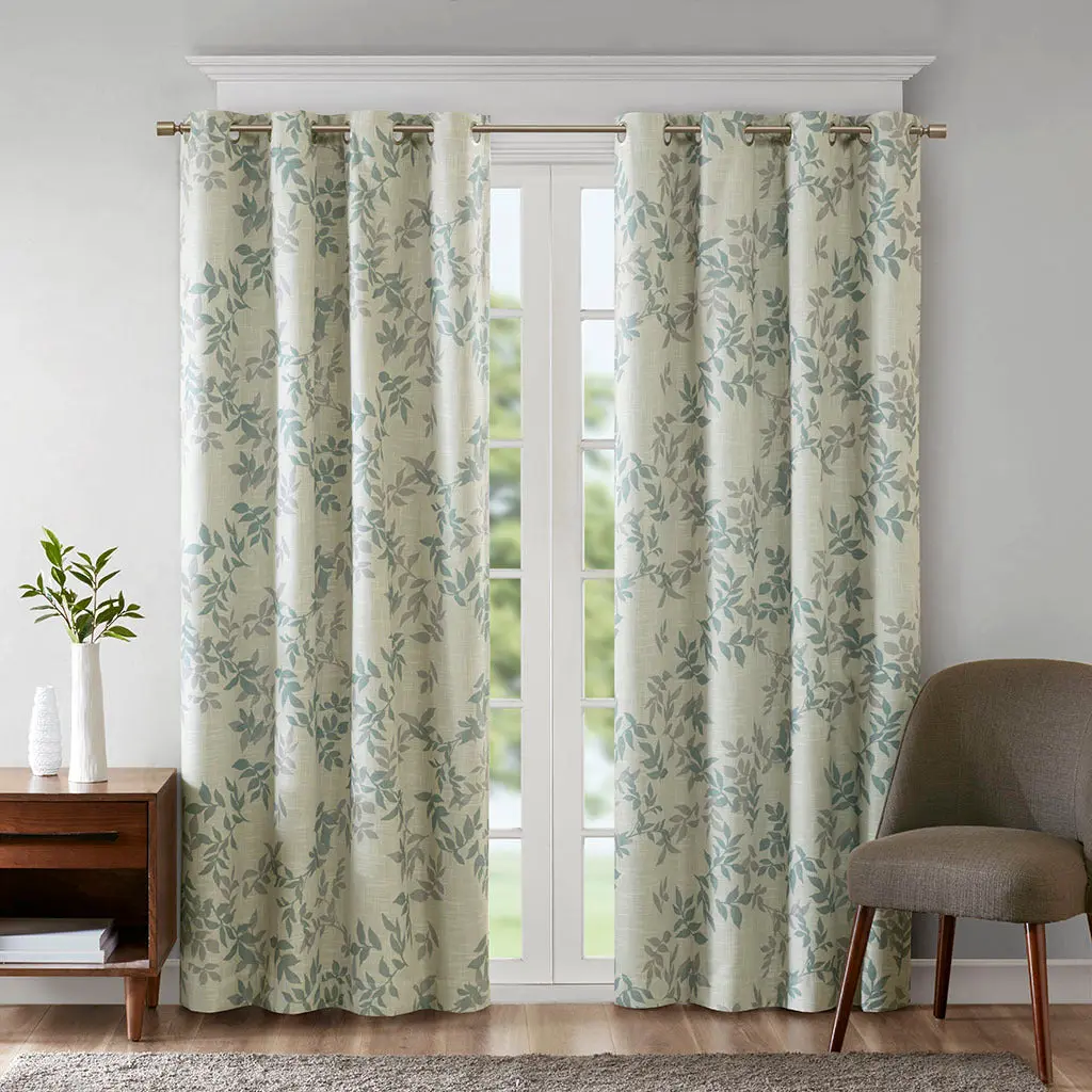 Printed Botanical Blackout Curtain Panel Aqua Polyester Window Treatment jla
