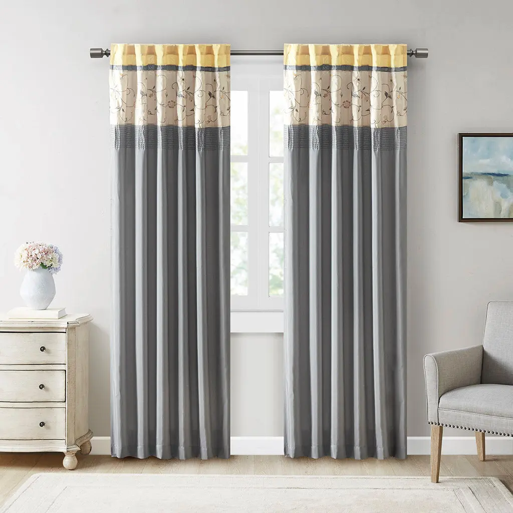 Yellow Polyester Embroidered Curtain Panel - Elegant Window Treatment jla