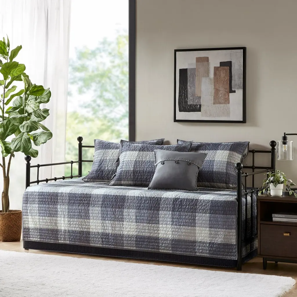 6 Piece Reversible Plaid Daybed Cover Set Grey Polyester Twin Daybeds jla