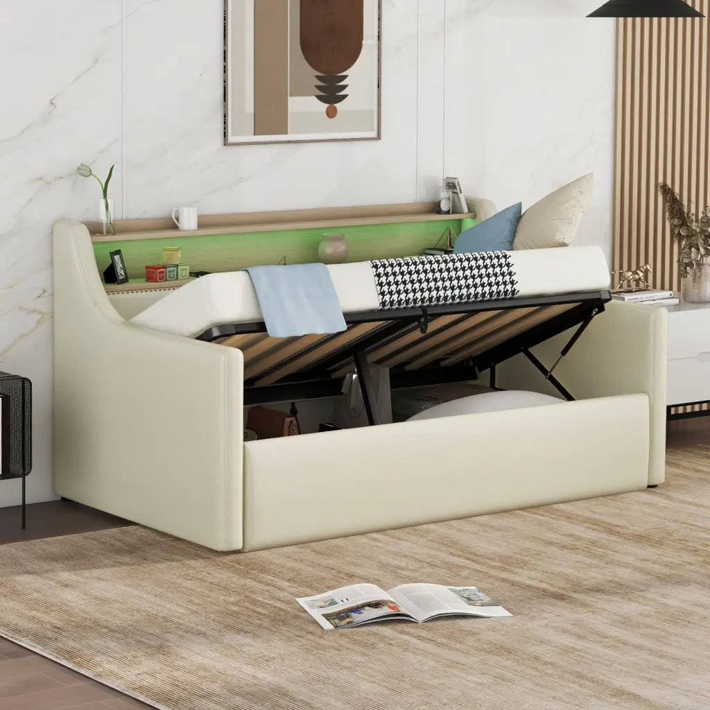Twin Size Daybed Hydraulic Storage Upholstered Daybed Lift Modern Bedroom Furniture bonwell