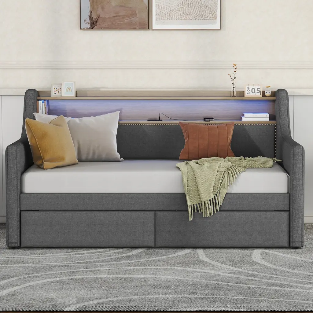 Twin Size Daybed Storage Drawers Upholstered Daybed Charging Station bonwell