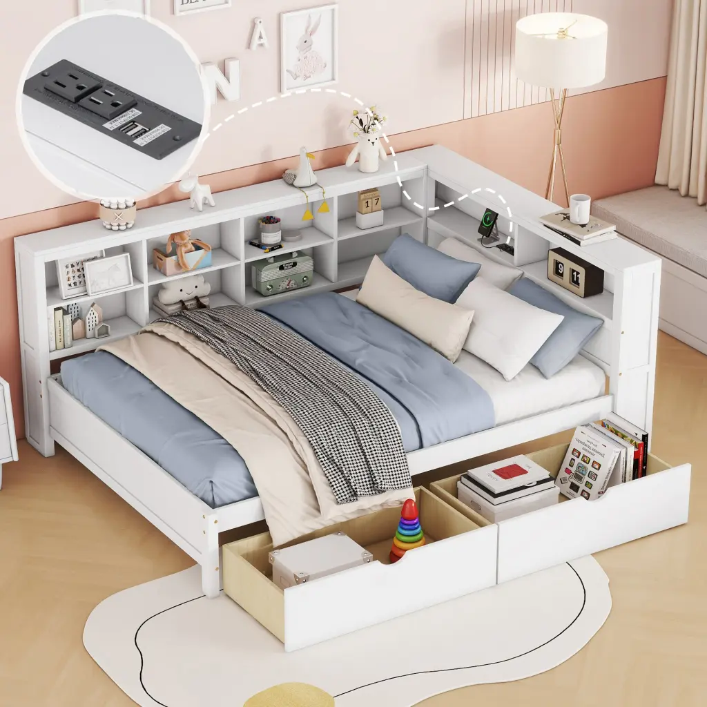 Wooden Full Daybed 2 Drawers and Storage Shelf Guest Room or Living Space homey life
