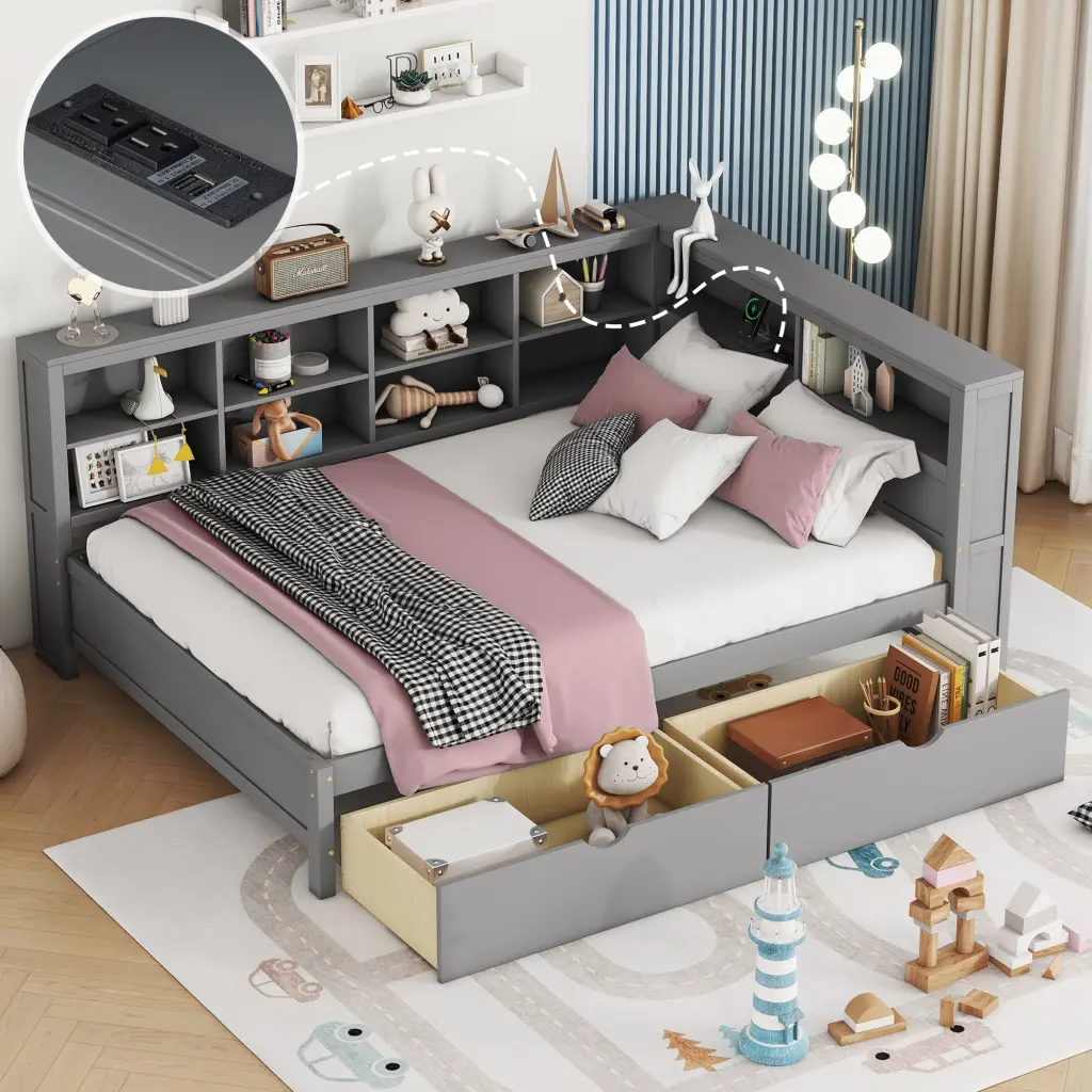 Wooden Full Size Daybed 2 Drawers and Storage Shelf Bedroom homey life