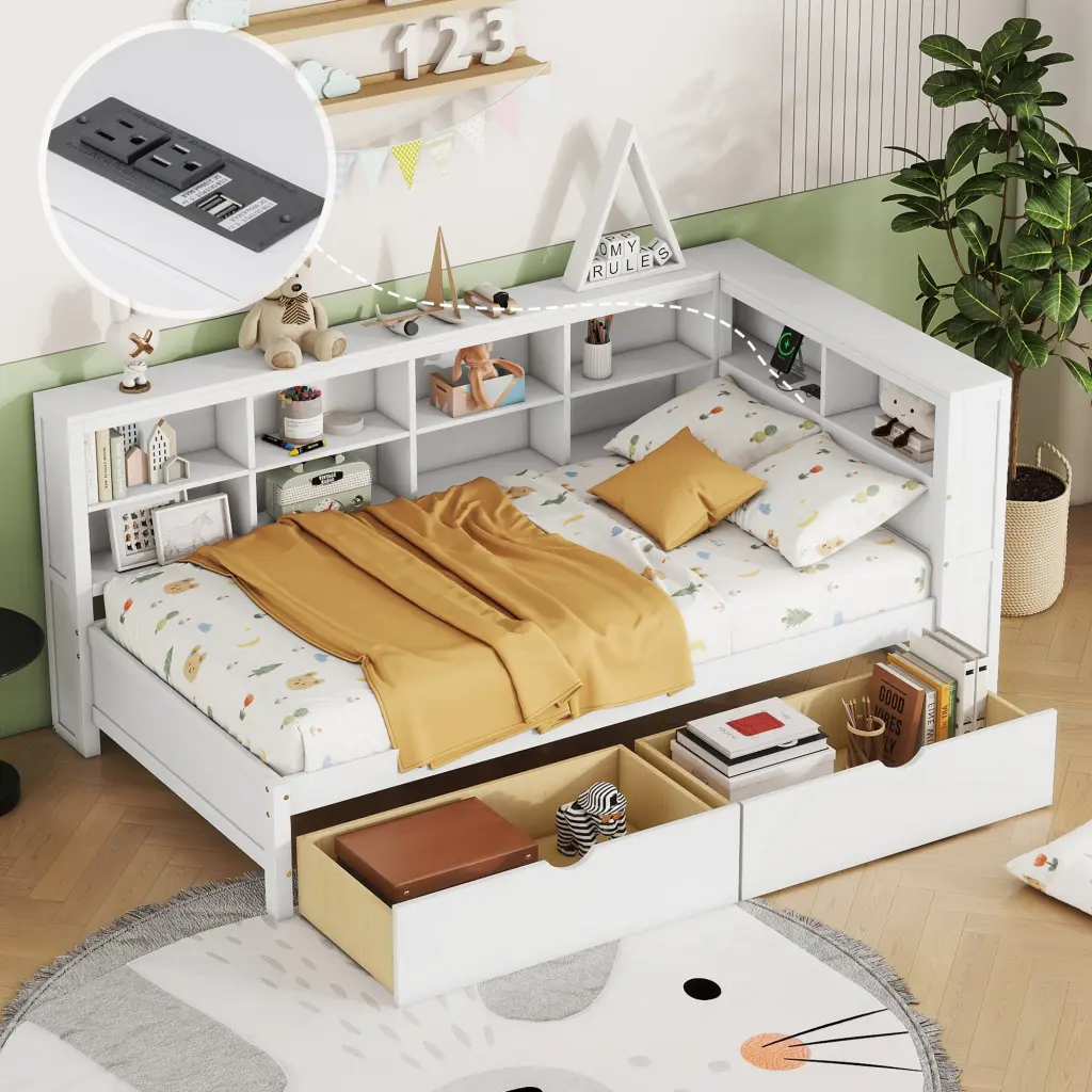 Wooden Twin Daybed 2 Drawers and Storage Shelf homey life