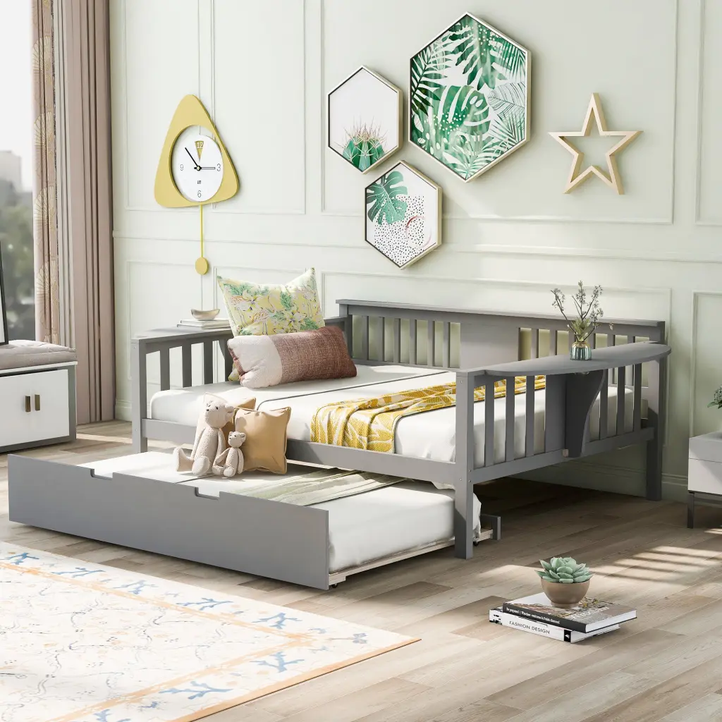 Full Daybed Twin Trundle Gray Wood Slat Frame lucky furniture