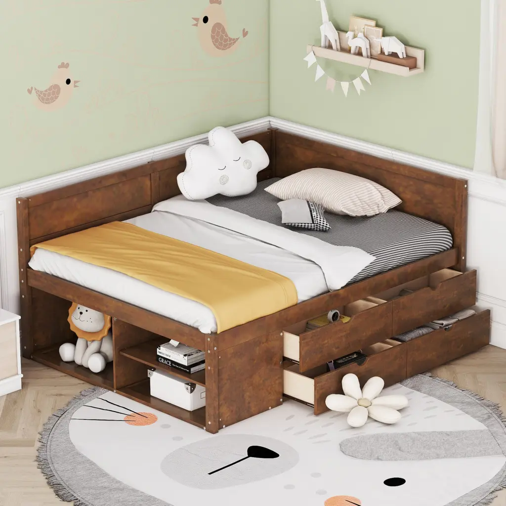 Full Dimensions Daybed Drawers and Shelves Walnut Solid Wood lucky furniture