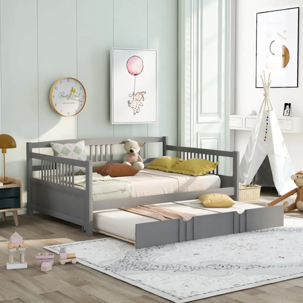Full Dimensions Daybed Twin Trundle Gray Solid Timber Bed lucky furniture