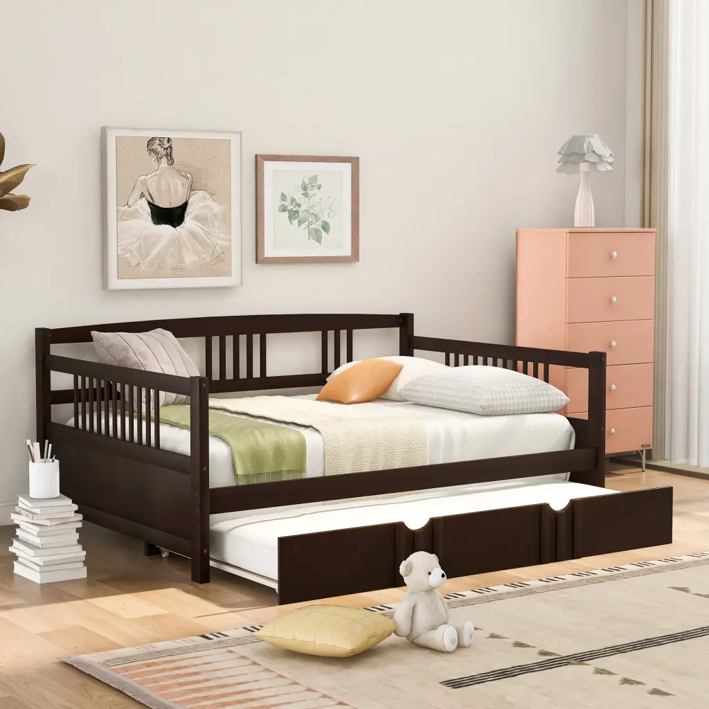 Full Size Daybed Twin Trundle Espresso Solid Wood lucky furniture