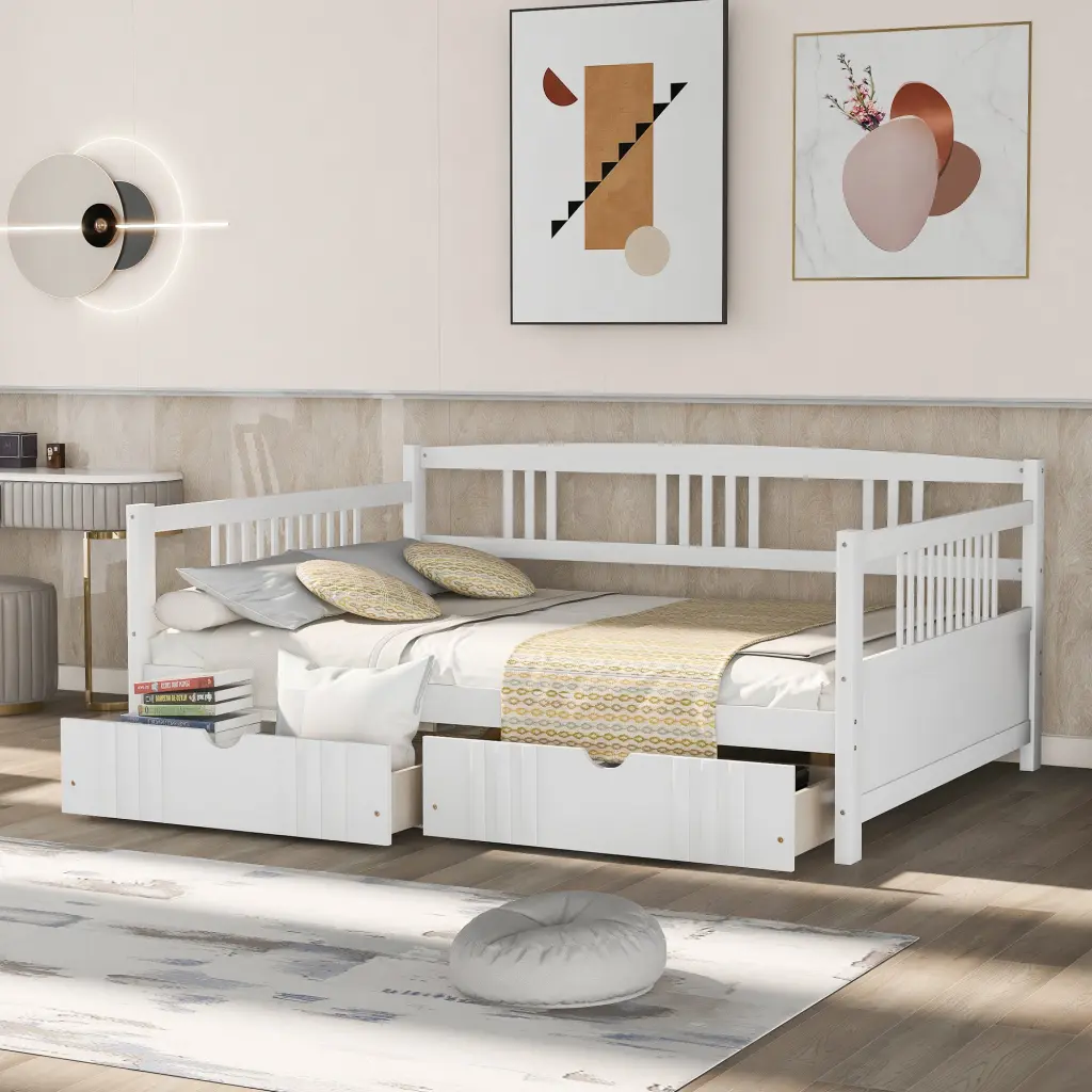 Full Size Daybed Wood Bed 2 Drawers White Finish Guest Room lucky furniture