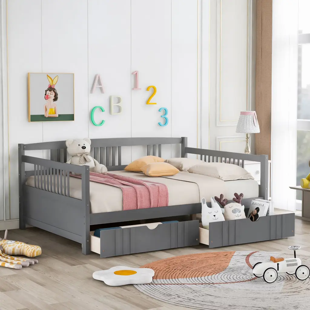 Full Size Daybed Wood Bed Two Drawers Gray lucky furniture