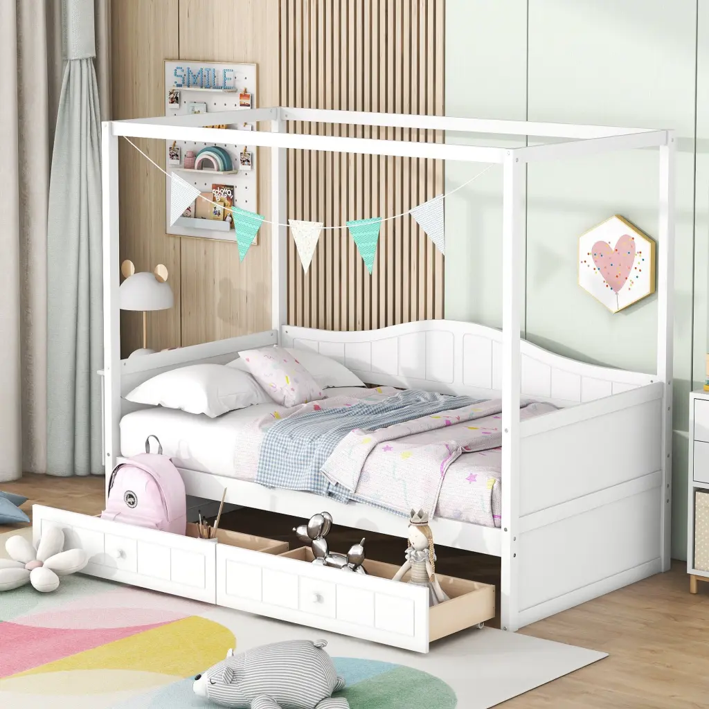 Twin Canopy Day Bed 2 Drawers White Solid Wood Mdf Guest Bed lucky furniture