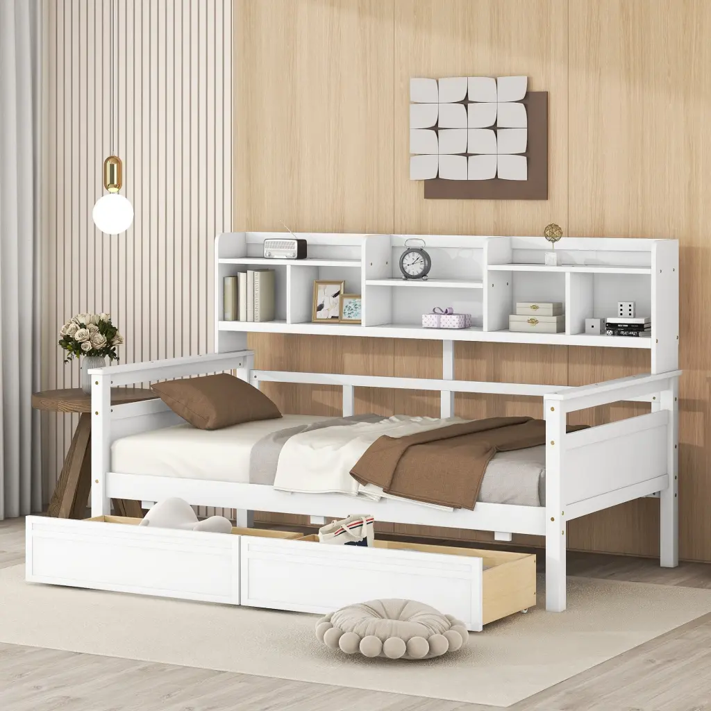 Twin Daybed Wood Slat Support Bedside Shelves And Two Drawers lucky furniture