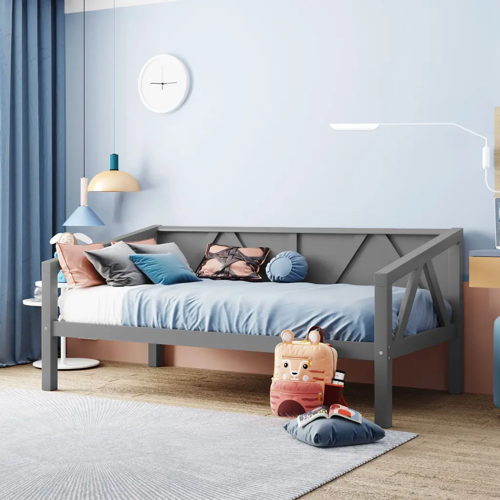Twin Daybed Wood Slat Support Gray Solid Wood Convertible Guest Bed lucky furniture
