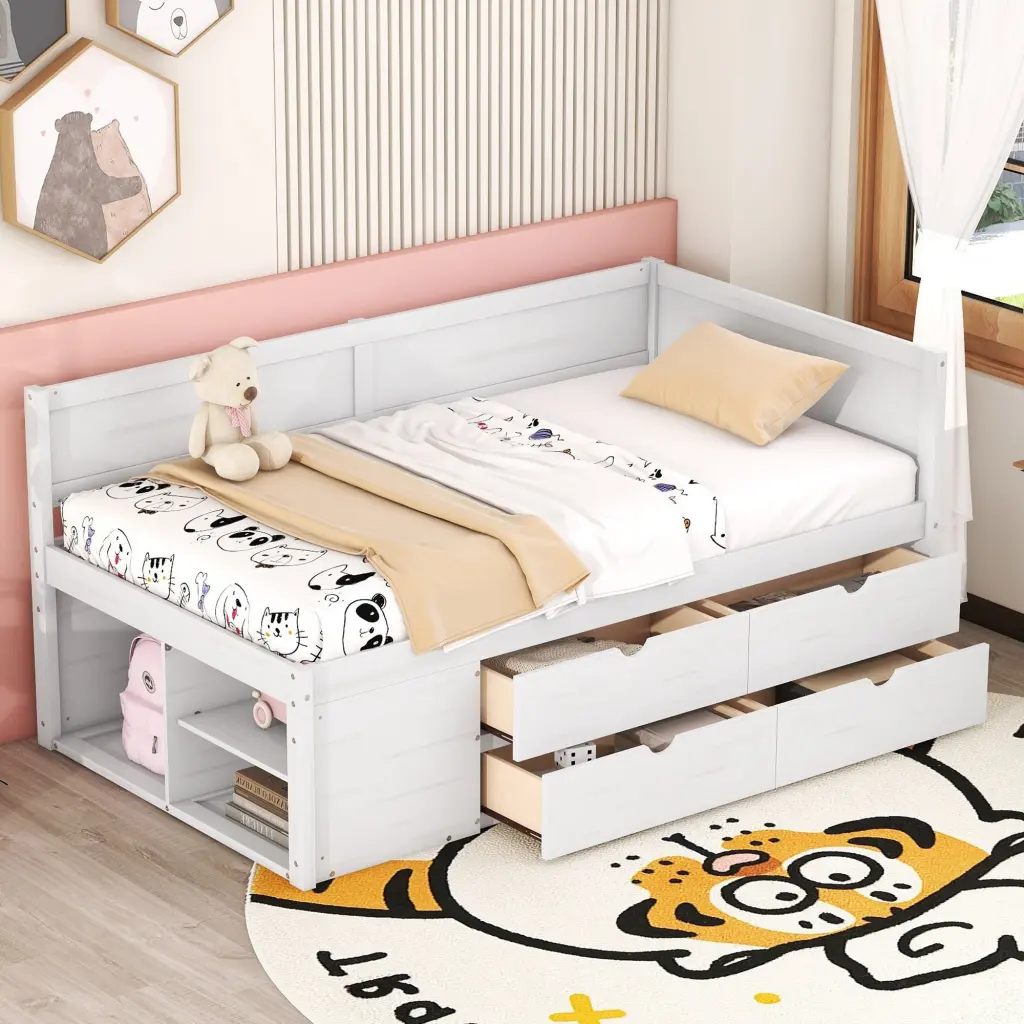 Twin Dimensions Daybed Drawers And Shelves White Solid Timber Day Bed lucky furniture