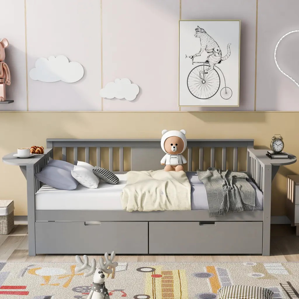 Twin Dimensions Daybed Two Drawers Timber Slat Support Gray Solid Wood Frame lucky furniture