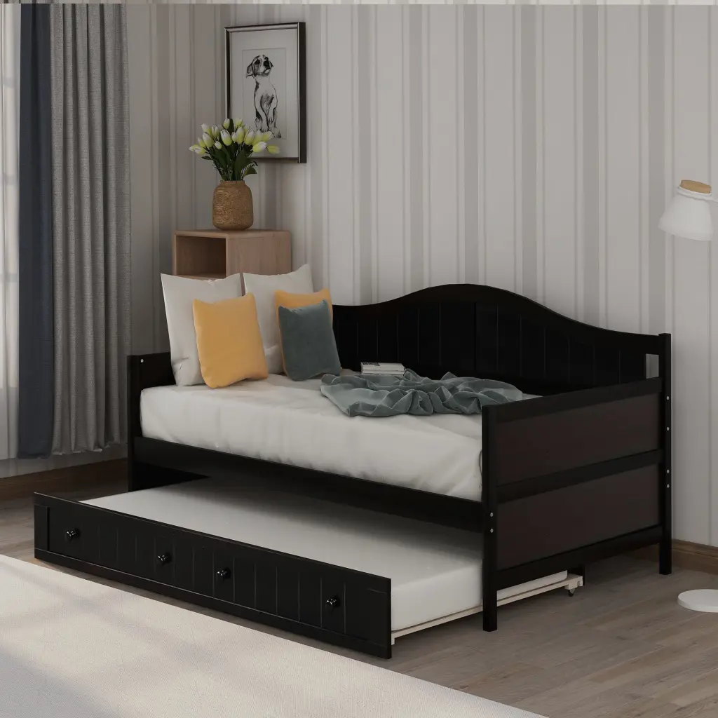 Twin Wooden Daybed Trundle Bed Sofa Bed Bedroom Living Room lucky furniture
