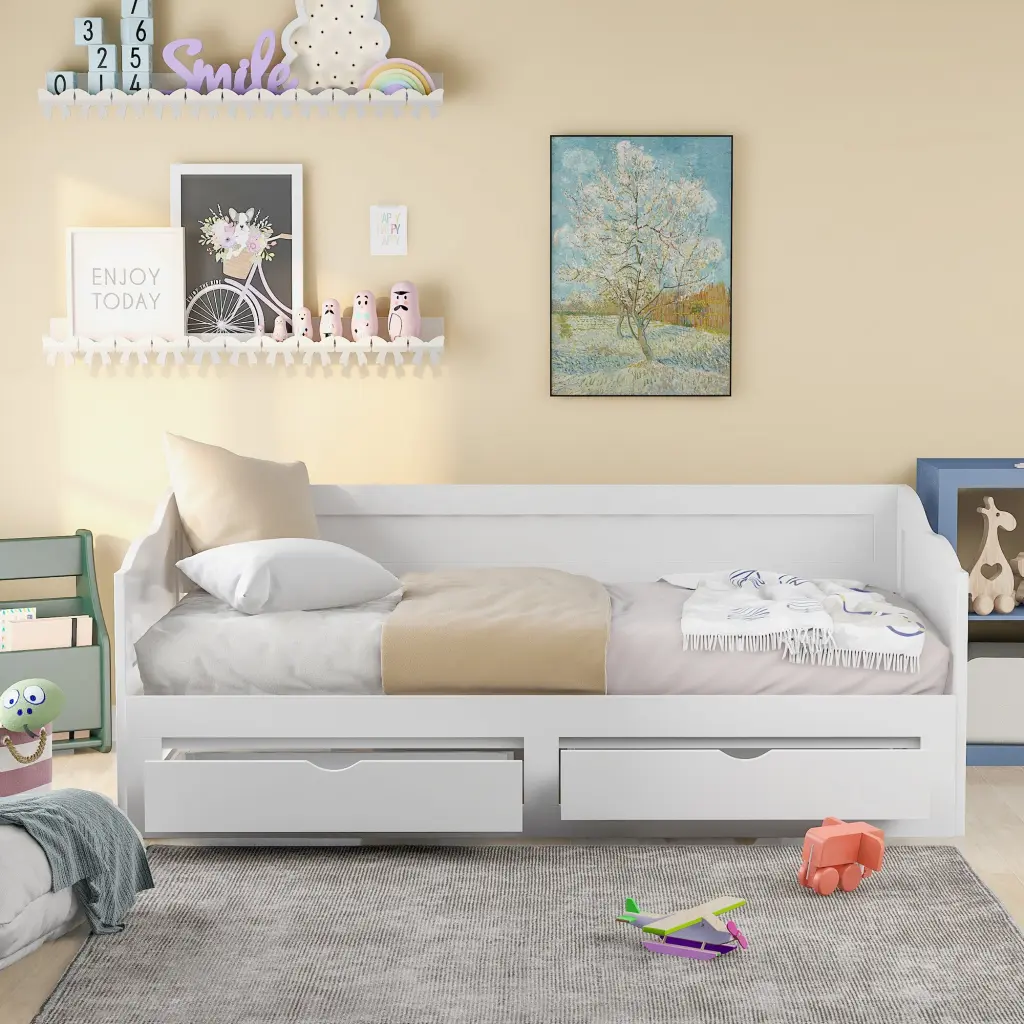 Wooden Daybed Trundle Bed And Two Storage Drawers Extendable Bed Design lucky furniture