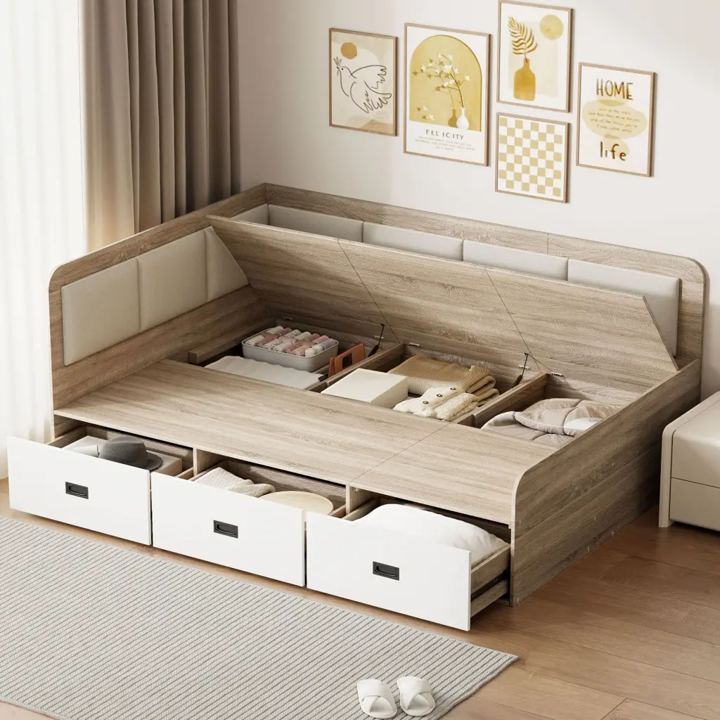 Full Dimensions Daybed Three Drawers And Three Storage Compartments Natural Wood Finish lucky home