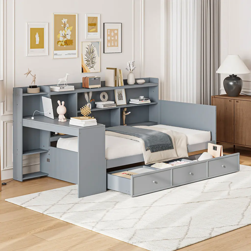 Twin Dimensions Timberen Daybed 3 Drawers USB Ports And Desk Gray Finish lucky home