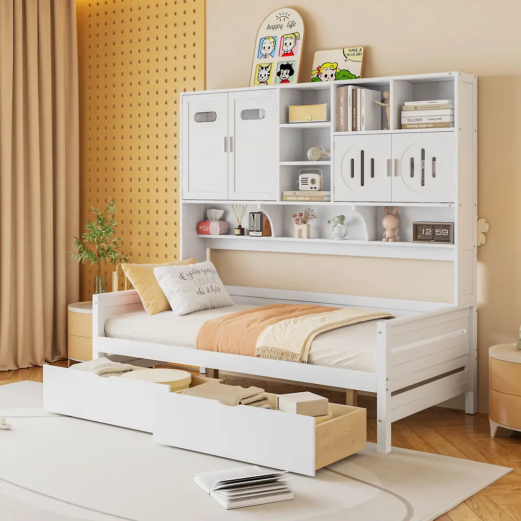 Twin Size Wooden Daybed 2 Drawers and All One Cabinet and Shelf lucky home