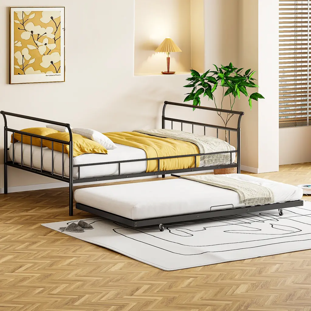 Full Dimensions Metallic Daybed Curved Handle Design And Twin Dimensions Trundle lucky world