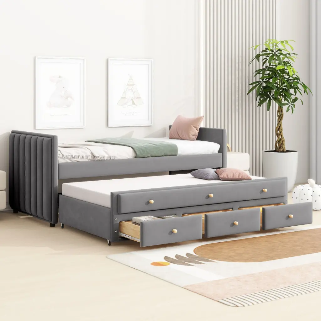 Twin Dimensions Upholstered Daybed Trundle and Drawers Velvet lucky world