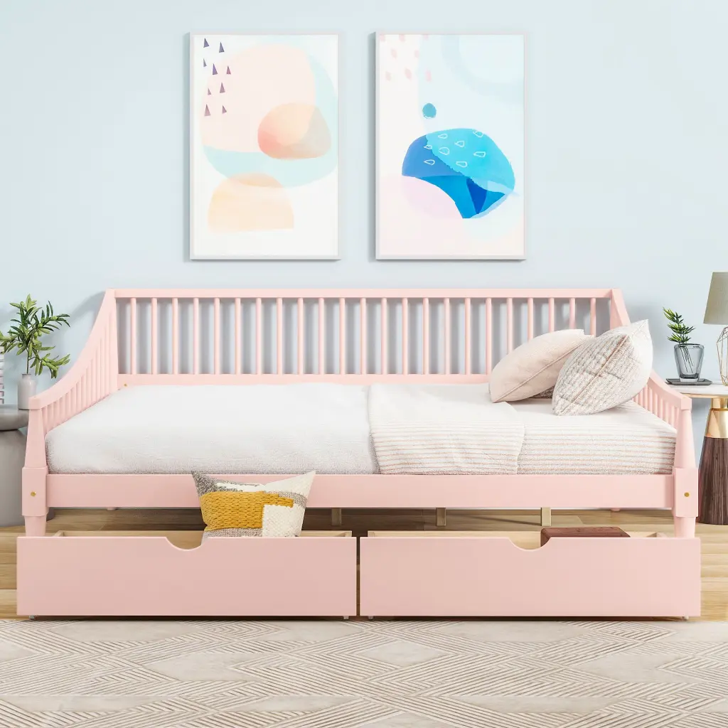 Full Dimensions Daybed Two Storage Drawers and Sturdy Legs Pink wm store
