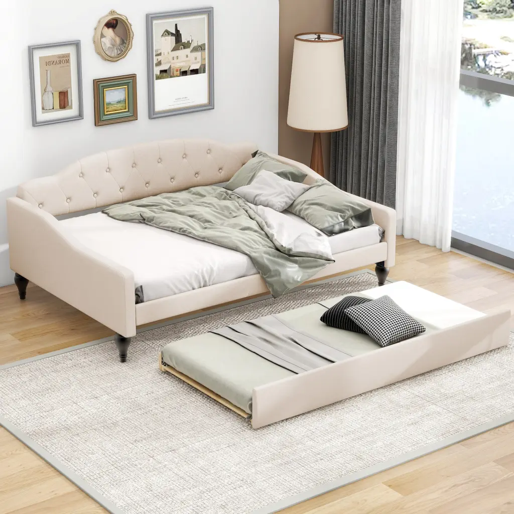 Full Upholstered Tufted Daybed Twin Trundle Beige - Space Saving Design wm store
