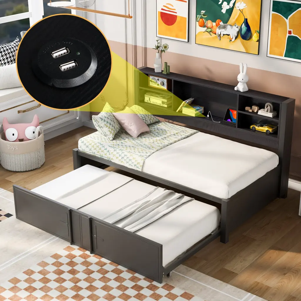 Metal Twin Daybed Trundle Storage Shelves and USB Ports wm store