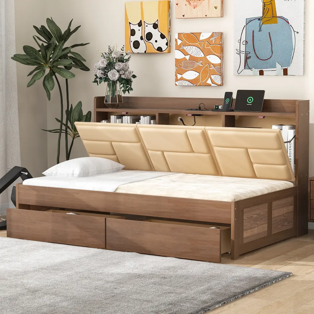 Twin Wood Daybed Upholstered Storage Shelves and USB Ports wm store