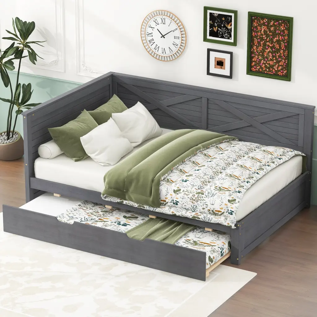 Wood Daybed Trundle and Rustic Guardrail Twin Dimensions Ancient Grey wm store