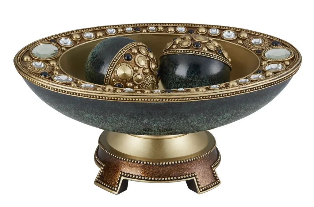 8.25 Inch Sedona Stoneized Footed Decorative Bowl Green Metal Accents california home