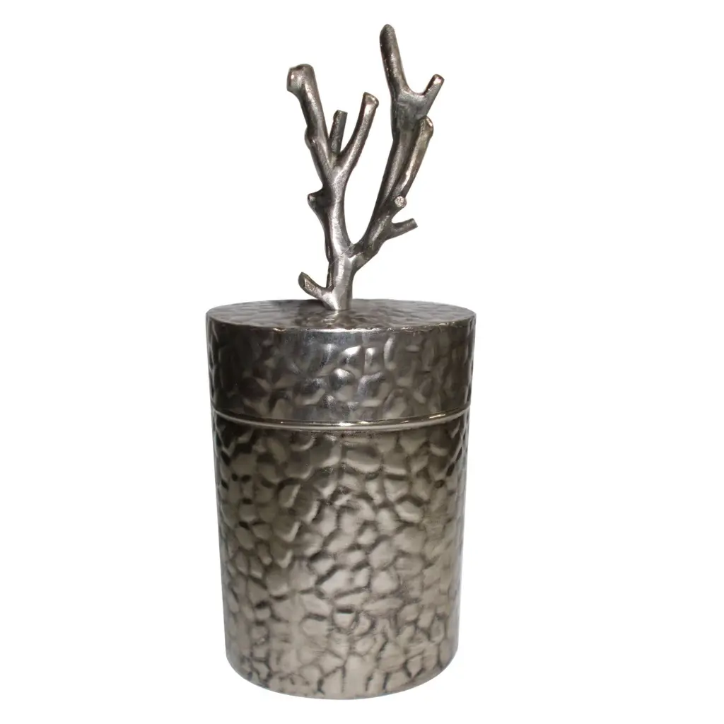 21 Inch Lidded Metallic Silver Jar Textured Body and Branched Finial royal hampton