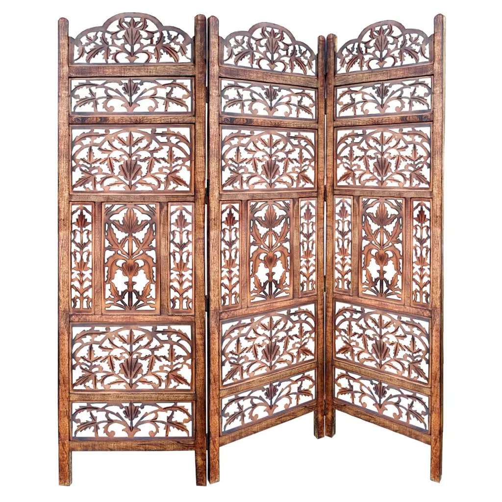 Artisan Made 3 Panel Mango Timber Screen Cutout Filigree Carvings Room Divider royal hampton