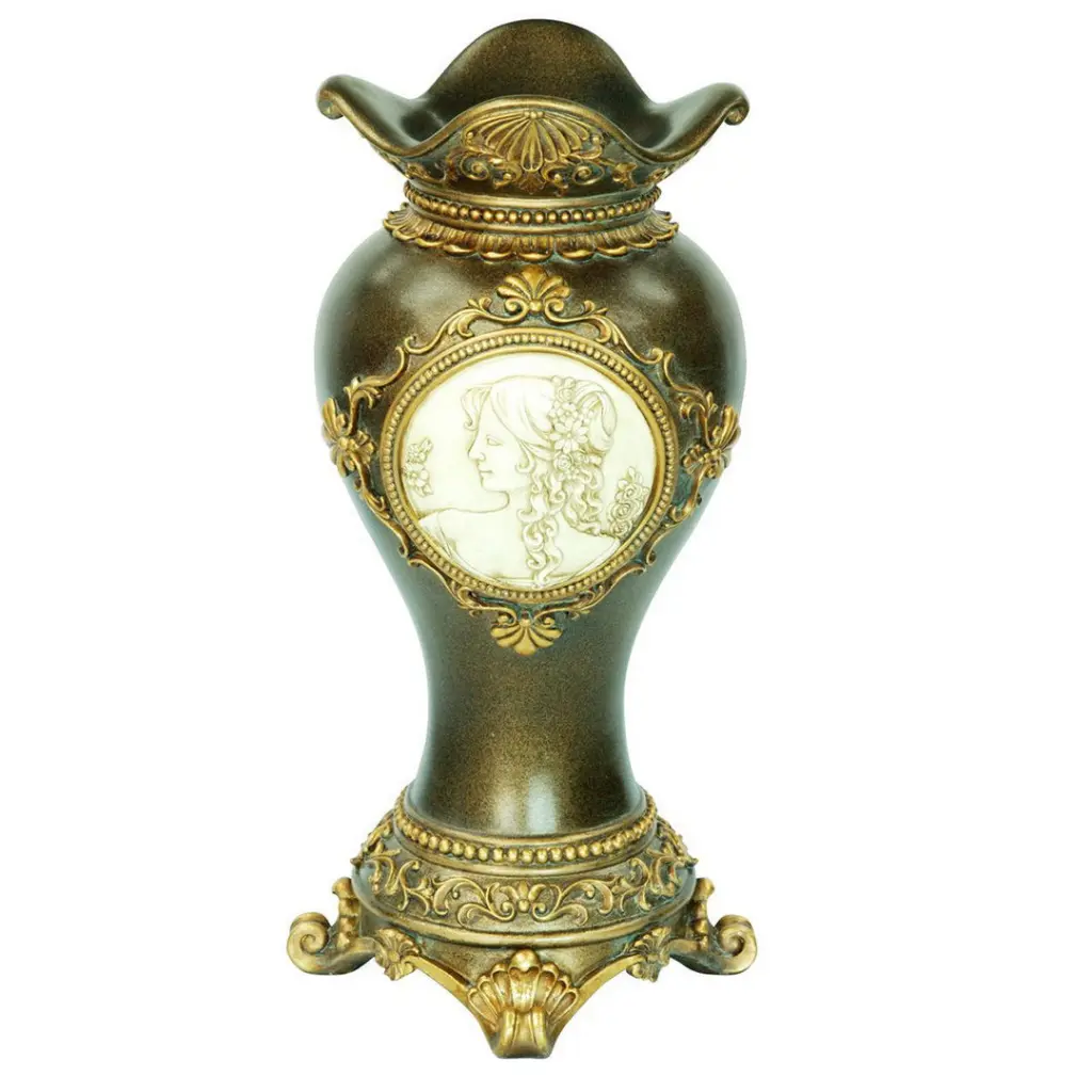 16.25 Inch Tall Polyresin Decorative Vase Precious Metal Leaves and Greek Accent california home