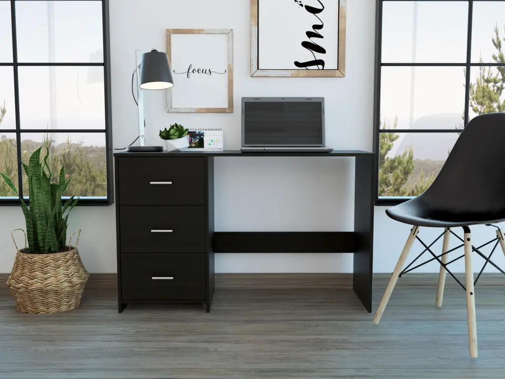 Berlin Three Drawers Desk Black MDF Engineered Wood Study Table fm furniture