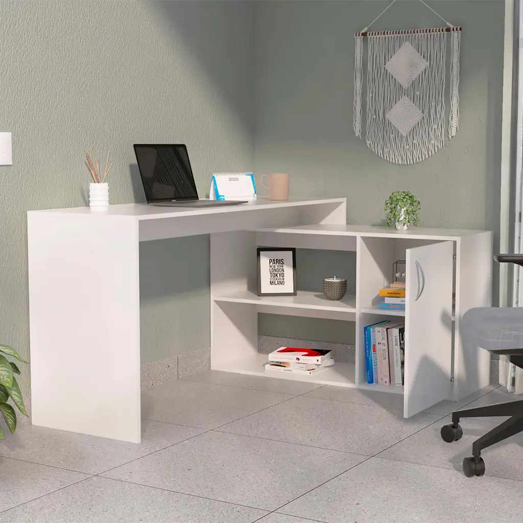 Lyncliff 1 Drawer 2 Shelf L Shaped Stationery Desk White White Particle Board furniture max