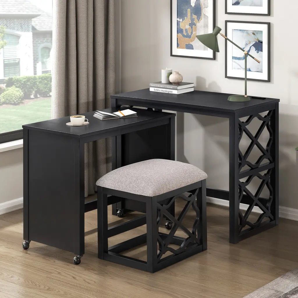 3 Piece Rolling Desk Set Black Finish Casters and Stools kanepe