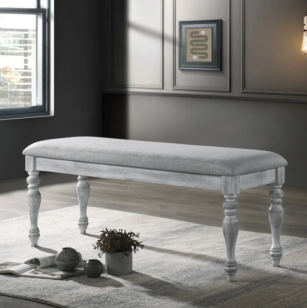 Salines Upholstered Turned Leg Dining Bench Rustic White Polyester hz