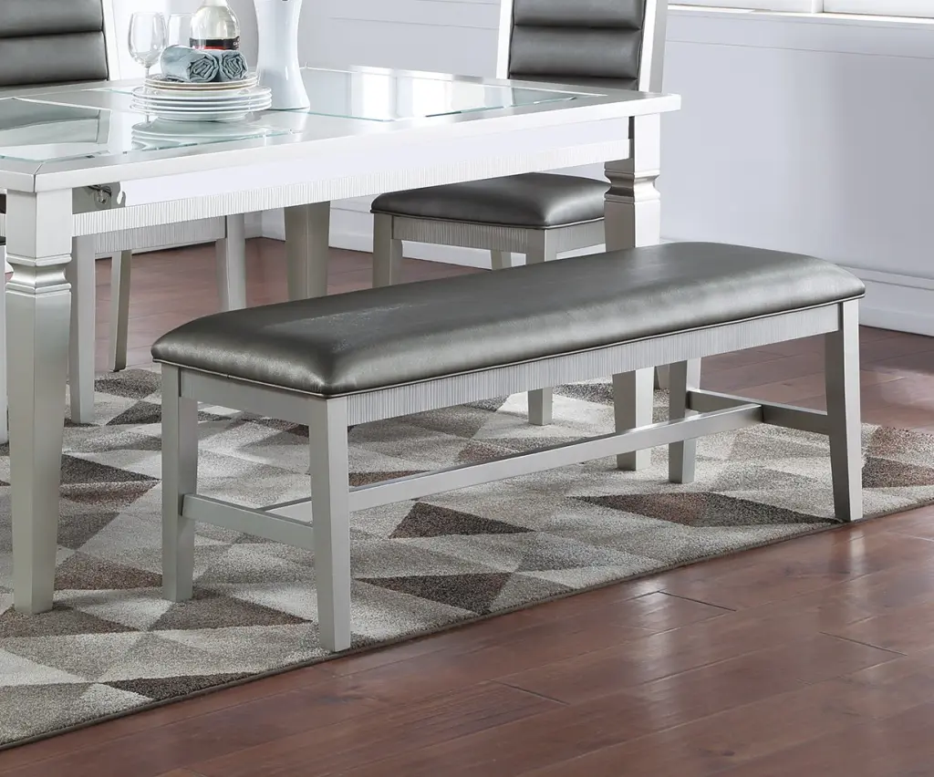 Elegant Silver Finish Dining Bench Rubberwood Cushion Faux Leather kanepe
