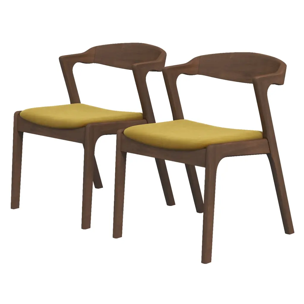 Dakota Dark Yellow Velvet Dining Chair Set 2 Solid Brown Timber Brown ashcroft furniture