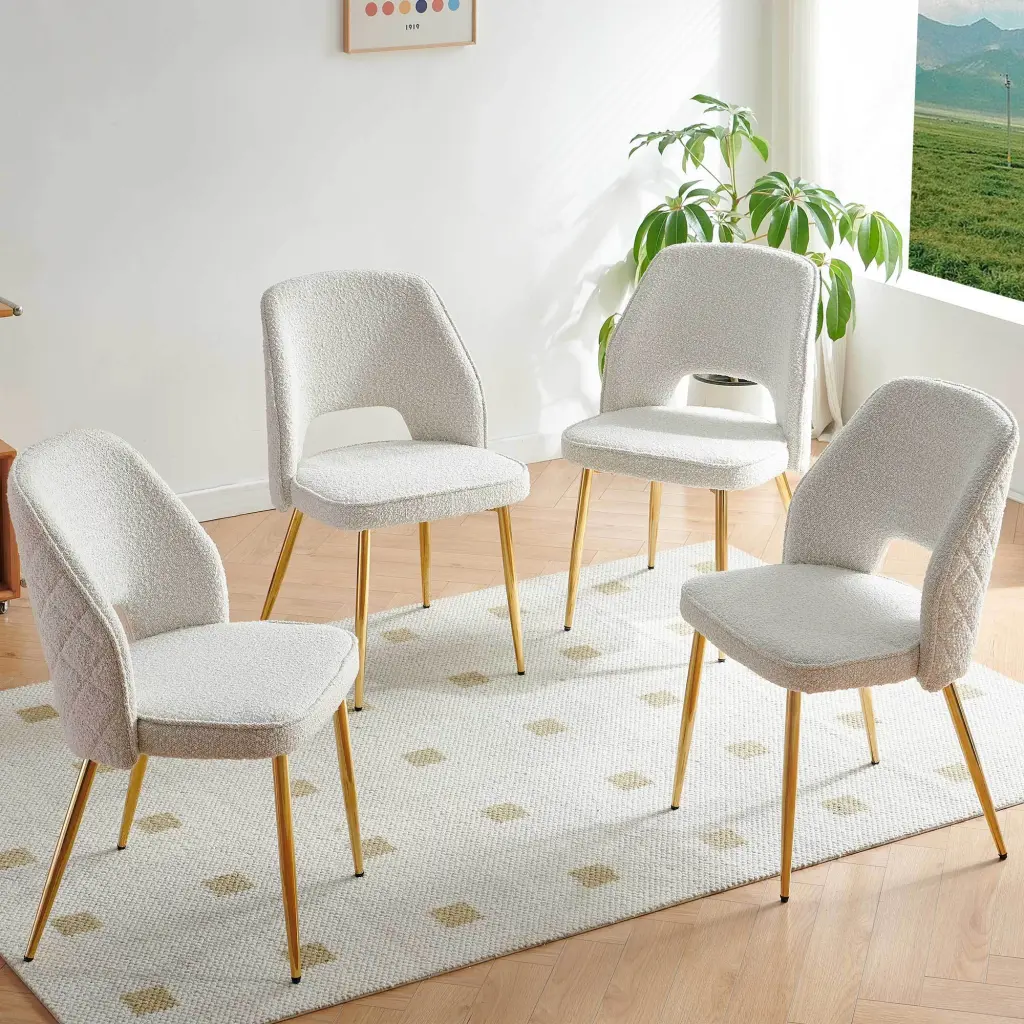 Off White Boucle Dining Chairs Metal Legs and Hollow Back Modern Kitchen Chairs bn smart home w1516