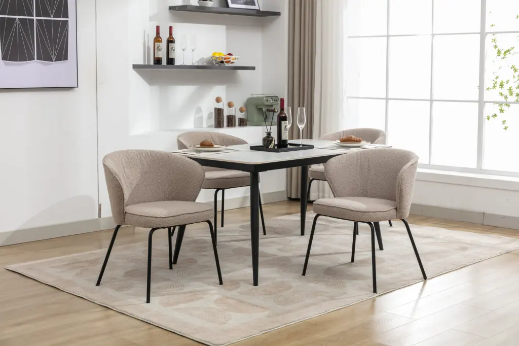 042 Set 2 Boucle Material Dining Chairs Black Metal Legs Light Comfort dg collection