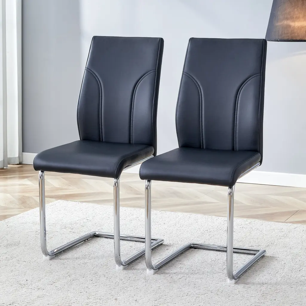 2 Dining Chair Set Black PU Fabric High Back Seat Modern Kitchen Chairs droom w-1151