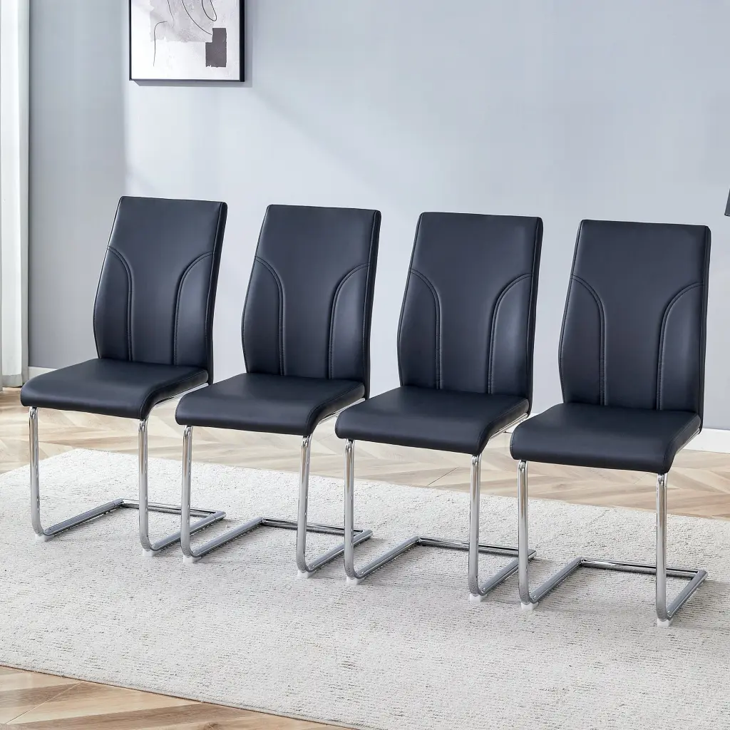 4 Dining Chair Set Black PU Fabric High Back Seat Kitchen Chairs droom w-1151