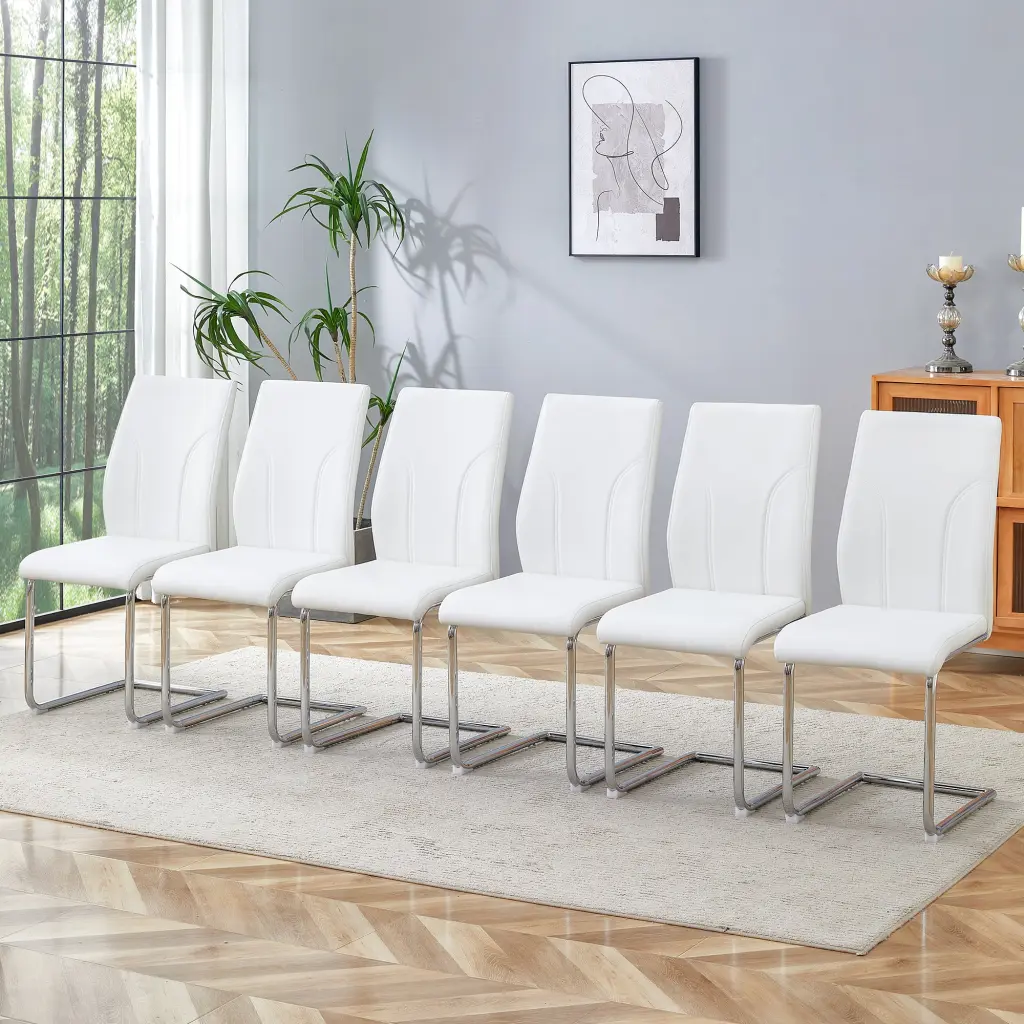 Set 6 White Dining Chairs PU Fabric High Back, Modern Kitchen Chairs droom w-1151