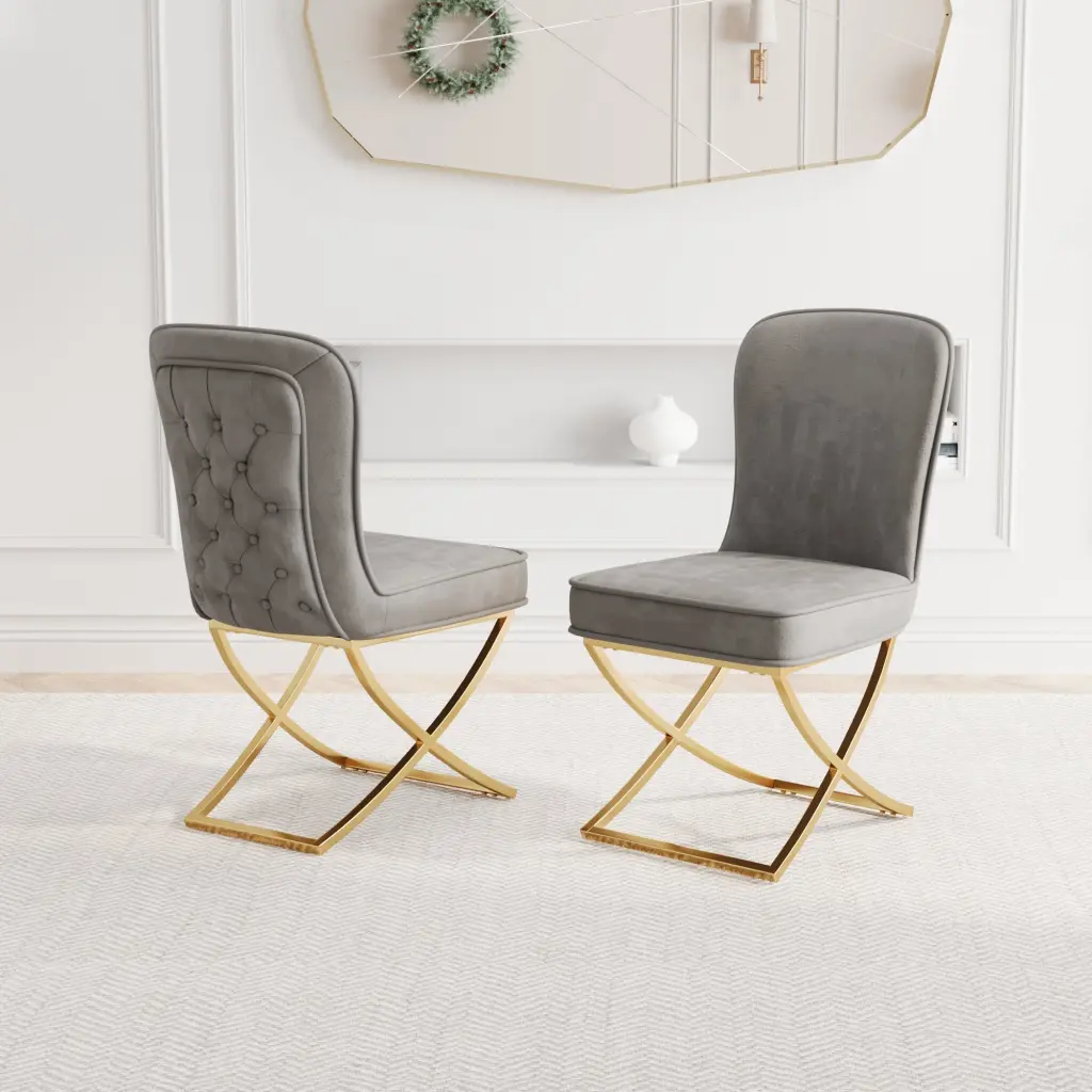 Dining Chair Set 2 Grey Velvet Backrest And Precious Metal Metallic Legs eka furniture